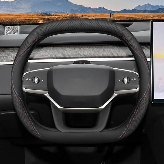 Nappa Leather Car Steering Wheel Cover for Ford Expedition 2007-2026, 15-inch Perforated Design, Heat Resistant Anti-Slip Car Wheel Wrap(Double-line)