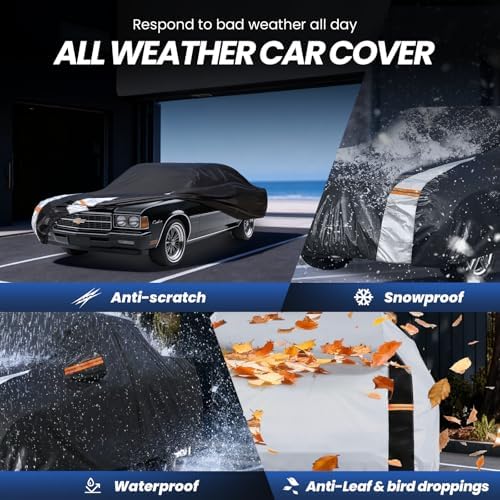 Multi-Layer Car Cover Custom Fit for Chevrolet Caprice (1970-2016), 100% Waterproof All Weather for Automobiles, Gift with Towel, Heavy Duty Car Covers for Rain Sun UV Protection with Door Zipper.