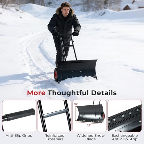 IRONMAX 29" Wide Ergonomic Snow Shovel for Driveway with Wheels, Black