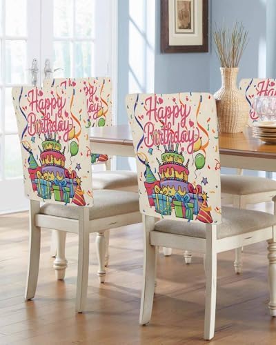 Happy Birthday Chair Back Covers Set of 8 Birthday Cake Gift Ribbon Balloon Modern Style Washable Removable Chair Cover Slipcover Protector for Dining Room Hotel Party Holiday Decor
