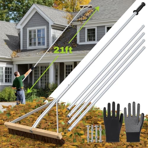 Huracan Leaf Roof Brush and Snow Roof Rake, Cleaning Tool with Gloves, 5-21ft Adjustable Roofs Removal Tool, Anti-Slip Handle Cleaning Brush Extension Aluminum Poles, for Solar Panels Cars Shingles