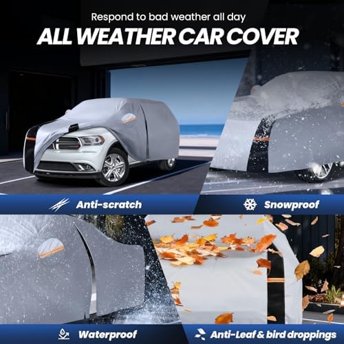 Multi-Layer Car Cover Custom Fit for Dodge Durango(1998-2026), 100% Waterproof All Weather for Automobiles, Gift with Towel, Heavy Duty Car Covers for Rain Sun UV Protection with Door Zipper