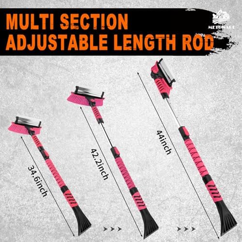 METOWARE 44" Ice Scraper and Snow Brush for Car Windshield, Extendable Heavy Duty Ice Remover with 360° Pivoting Head for SUV Truck, Ergonomic Grip, Pink