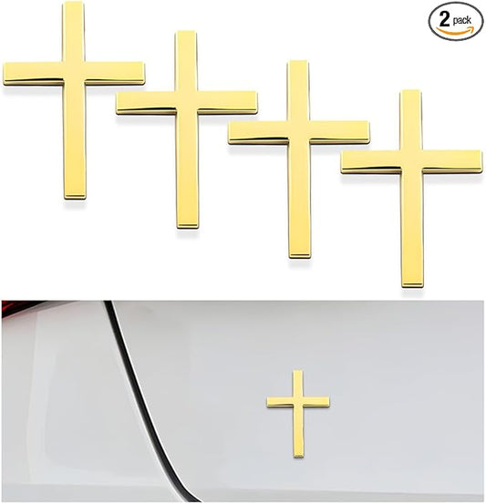DXNQ 4PCS Metal Jesus Christ Cross Badge Stickers, 2.5"×1.8" Alloy 3D Individual Car Cross Sticker, Self Adhesive Scratch Covering Cross Emblem Decal for Car Body Fender Tail (Golden)