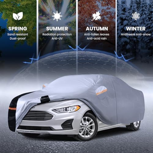 Multi-Layer Car Cover Custom Fit for Ford Fusion(205-2026), 100% Waterproof All Weather for Automobiles, Gift with Towel, Heavy Duty Car Covers for Rain Sun UV Protection with Door Zipper