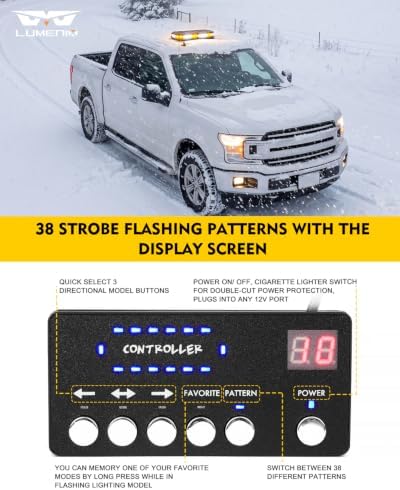 LUMENIX 42 LED Roof Top Strobe Beacon Light Bar Hazard Warning Emergency Flashing Plow Lights with Controller for Construction Vehicles Tow Trucks Postal Cars Snowplow Amber White (Patent Design)
