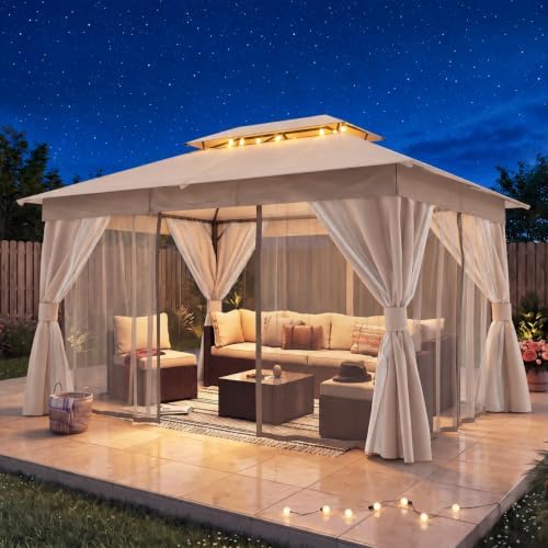 LAUSAINT HOME 10x13 Gazebo Canopy with Netting, Curtains & Double Roof
