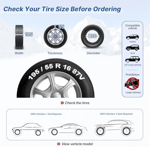 Snow Chains, 225-295mm Universal Tire Chains for Car, SUV, RV, Pickup Trucks, Adjustable Emergency Anti-Skid Thickening Tire Traction Chain (10 Packs)