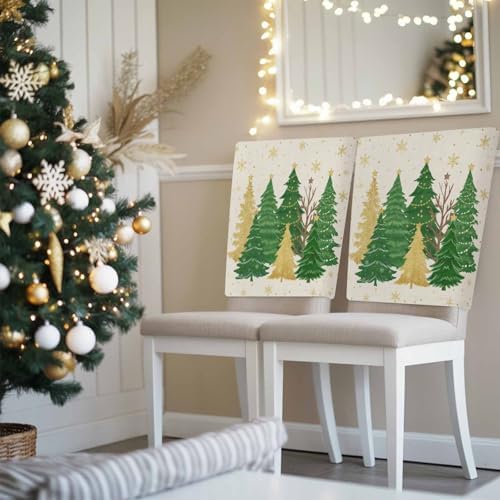 Christmas Tree Chair Back Covers Set of 6 Winter Snowflakes Green Gold Tree Star Linen Texture Washable Removable Chair Cover Slipcover Protector for Dining Room Hotel Party Holiday Decor