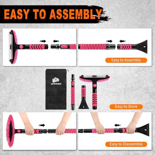 METOWARE 44" Ice Scraper and Snow Brush for Car Windshield, Extendable Heavy Duty Ice Remover with 360° Pivoting Head for SUV Truck, Ergonomic Grip, Pink