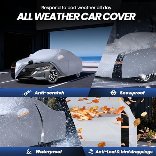 Multi-Layer Car Cover Custom Fit for Nissan Sentra(1999-2026), 100% Waterproof All Weather for Automobiles, Gift with Towel, Heavy Duty Car Covers for Rain Sun UV Protection with Door Zipper