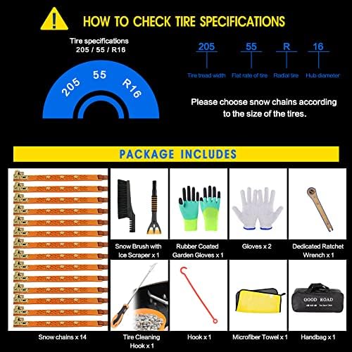 Snow Chains, Anti Slip, Non-metallic, Emergency Tire Chains Suitable for Cars, Trucks, Pickup, SUVs with Tire Width of 245-275mm(14 Pack, Yellow)