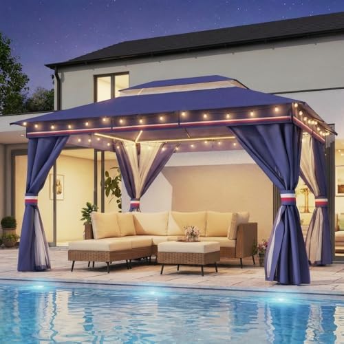 LAUSAINT HOME 10x13 Gazebo with Lights, Netting, Curtains & Double Roof