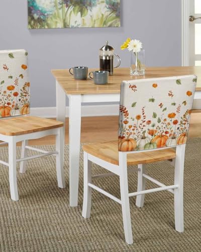 Thanksgiving Orange Pumpkin Chair Back Covers Set of 4 Wildflowers Leaves Watercolor Linen Texture Washable Removable Chair Cover Slipcover Protector for Dining Room Hotel Party Holiday Decor