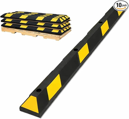 Parking Stopper for Garage or Parking lot – 72” Long, Pack of 10, Bulk Wholesale Pallet, Rubber Bumper Block Car Wheel Stop, Yellow & Black Tire Curb Barrier