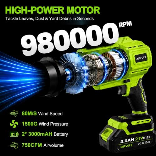 SEEVOLX Cordless Leaf Blower with 2 x 21V 3.0Ah Batteries & Charger-980,000 RPM 750 CFM Turbo Jet Blower, Lightweight Handheld Blower with 3 Nozzles for Lawn Care, Leaves & Car Drying, Green
