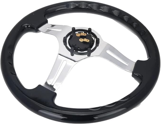 Classic Black Car Racing Steering Wheel Chrome Silver Spokes 14" Flat Dish Sports Wood Grain Steering Wheel Anti-slip with Horn Button