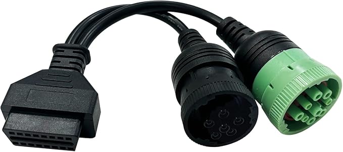 OBD to Type 2 Green 9pin J1939 and 6pin J1708 Split Y Cable for Diesel Truck Diagnostics Adapter, 2-in-1 J1708 6Pin&j1939 9Pin OBD2 Cable Connector Fit for Heavy Duty Truck,Work with Truck scanner