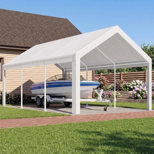 Shintenchi Portable Garage Canopy,12x20 FT Heavy-Duty Design Carport,Carport Canopy with Side-Opening Removable Door & Roll-Up Window,Portable Car Port for Car, Truck, Boat,White