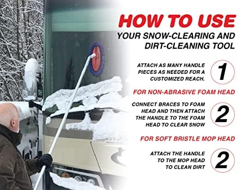 SNOBRUM Foam Snow Rake Plush Wash Kit, 22 Foot Reach – No Scratch Snow Removal and Cleaning Set, 6 Piece Handle with 60 Degree Roof Reach – Clear Snow from Your Tall Vehicle and Solar Panels