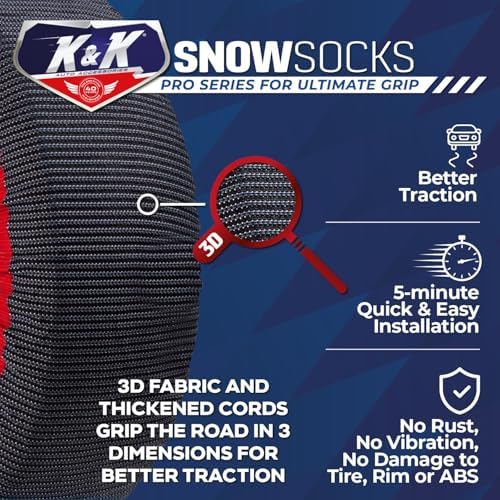 K&K Auto Snow Socks for Tires – Pro Series for Ultimate Grip Approved Snow Chain Alternative Traction Device – Tire Sock for Car SUV Sedan Coupe – Winter Travel Accessory Emergency Kit – Large (2pcs)