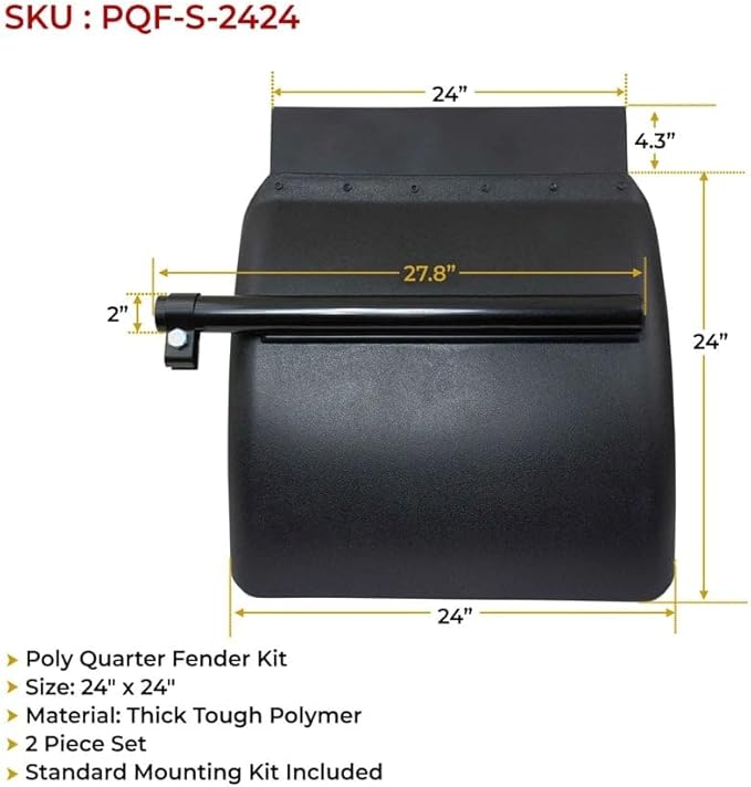 Mytee Products Black Poly Quarter Fender for Semi Truck Set 24"x24" - Standard Mounting Tube Bracket Kit Included - Semi Truck Accessories for Kenworth Freightliner Peterbilt (Set of 2)