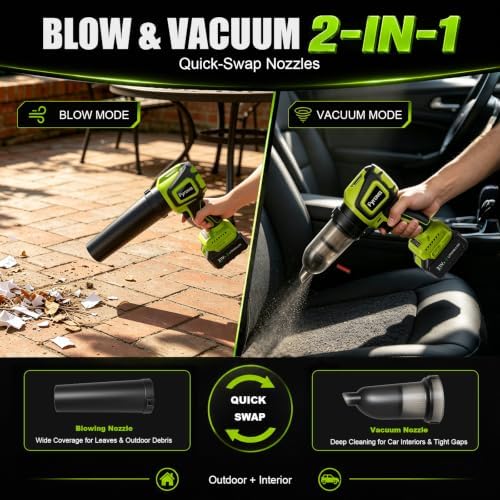 Leaf Blower Cordless & Vacuum, 800K RPM, Handheld Extended Run Time (Green)