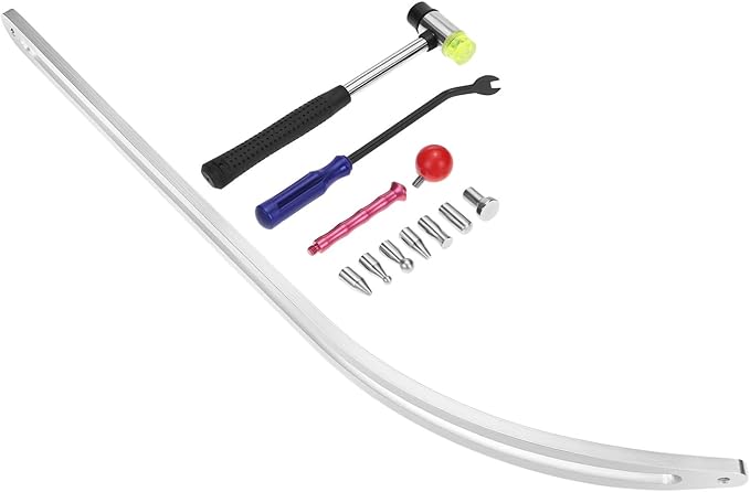 QWORK Car Dent Removal Tool Kit, Stainless Steel Auto Fender Repair Puller, Crowbar Tools Hook Rods, Lifter Big Curved Rod, with Curved Rods, Rubber Mallet, and Hooks