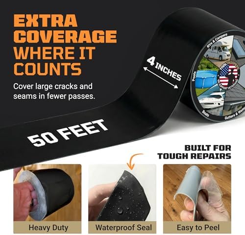 TITANPATCH PRO Waterproof Sealant Tape – Black 4" x50' – Stops Leaks Fast & Stays Sealed for 15+ Years – Sticks to RVs, Roofs, Pools, Boats, Gutters – Built for Harsh Weather (-40°F to 190°F)
