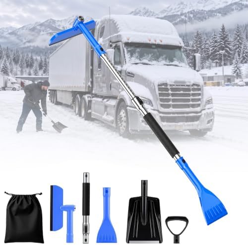 helloleiboo 47.6" Snow Shovel and Snow Brush, Extendable, Interchangeable Heads