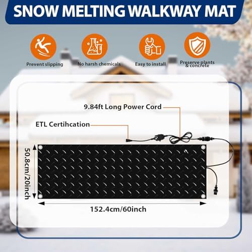 Riakrum 2 Pcs Heated Snow Melting Mats Outdoor, 20 x 60 in Winter Anti-Slip Heated Rubber Mat for Walkways Decks and Sidewalks, Electric Snow and Ice Melting Pads Connection with 9.84 ft Power Cord