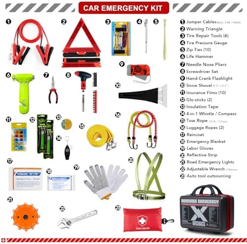 KITGO Roadside Emergency Car Kit (137Piece), with Jumper Cable, Car Safety Road Rescue Kit,Car Emergency Kit Gift for Father Women and Men,Tow Strap,Car Tool Kit (Black)
