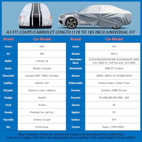 Waterproof Sport/Coupe/Cabriolet Car Cover .See Size Chart.Size A3