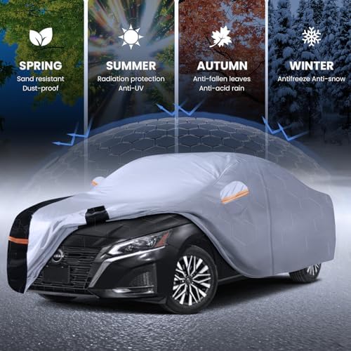 Multi-Layer Car Cover Custom Fit for Nissan Altima(2005-2026), 100% Waterproof All Weather for Automobiles, Gift with Towel, Heavy Duty Car Covers for Rain Sun UV Protection with Door Zipper