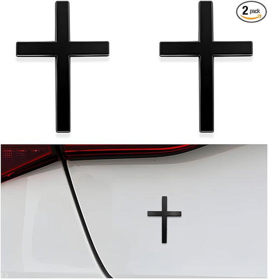 DXNQ 2PCS Metal Jesus Christ Cross Badge Stickers, 2.5"×1.8" Alloy 3D Individual Car Cross Sticker, Self Adhesive Scratch Covering Metal Cross Auto Emblem Decal for Car Body Fender Tail (Black)