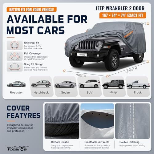 Jeep Wrangler 2 Door Cover Waterproof All-Weather,Outdoor Full Exterior SUV Car Cover for Wrangler YJ TJ JK JL(1987-2026),with Windshield Sun Shade,Towel&Storage Bag,Size J2 (See SizeChart)