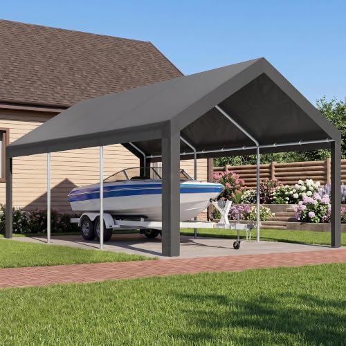 Shintenchi 12x20 FT Heavy-Duty Design Carport,Portable Garage Canopy,Carport Canopy with Side-Opening Removable Door & Roll-Up Window,Portable Car Port for Car, Truck, Boat,Grey