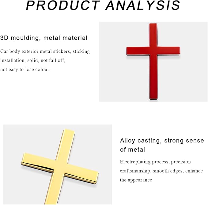 DXNQ 2PCS Metal Jesus Christ Cross Badge Stickers, 2.5"×1.8" Alloy 3D Individual Car Cross Sticker, Self Adhesive Scratch Covering Cross Emblem Decal for Car Body Fender Tail (Red+Golden)