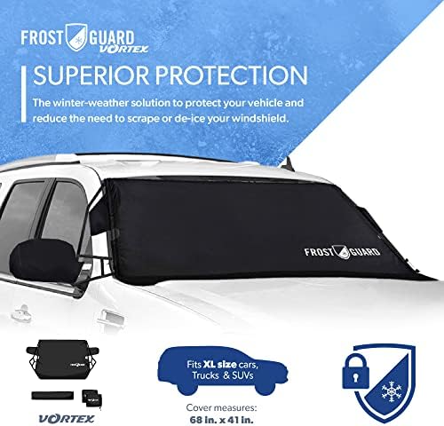 FrostGuard Vortex | Full-Coverage Car Windshield Cover for Ice and Snow, XL Size (Black) - Wiper Blade + Side Mirror Covers - Fit-Fast Straps, Security Panels + Storage Pouch - for Trucks and SUVs