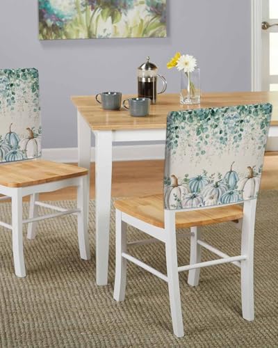 Fall Pumpkin Chair Back Covers Set of 8 Thanksgiving Sage Green Eucalyptus Leaves Watercolor Linen Texture Washable Removable Chair Cover Slipcover Protector for Dining Room Hotel Party Holiday Decor