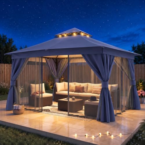 LAUSAINT HOME 12x12 Gazebo Canopy with Netting, Curtains & Double Roof
