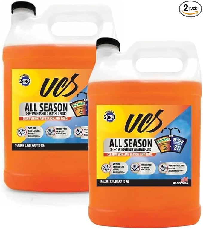 UCS Advanced All-Season Windshield Washer Fluid Winter Protection to -27F | 2-in-1 Bug Wash & Water Beading Technology | Streak-Free Visibility | 1 Gallon Pack of 2