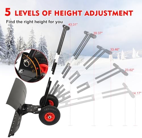 Snow Shovel with Wheels, 29" W Snow Pusher Shovel for Driveway, Sidewalk, Yard, Adjustable Angle & Height, High Blade Design, Black