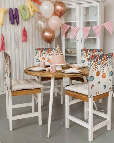 Thanksgiving Pumpkin Chair Back Covers Set of 8 Orange Blue White Maple Leaves Vintage Linen Texture Washable Removable Chair Cover Slipcover Protector for Dining Room Hotel Party Holiday Decor