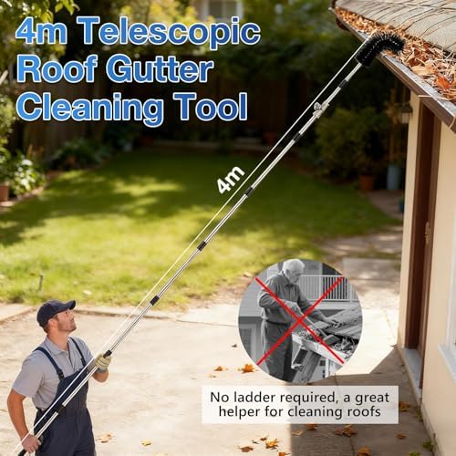 13.12FT Adjustable Gutter Cleaning Tool with Replaceable Brush Rake Scoop