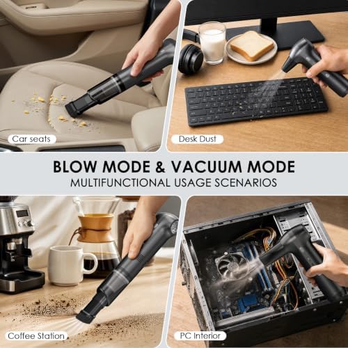 Compressed Air Duster & Car Vacuum 2-in-1, Portable 150000RPM Turbo Fan,3 Blower Speeds & 2 Suction Modes（16KPA） Type-C Rechargeable Dust Buster for Keyboard, PC, Desk, Home Office