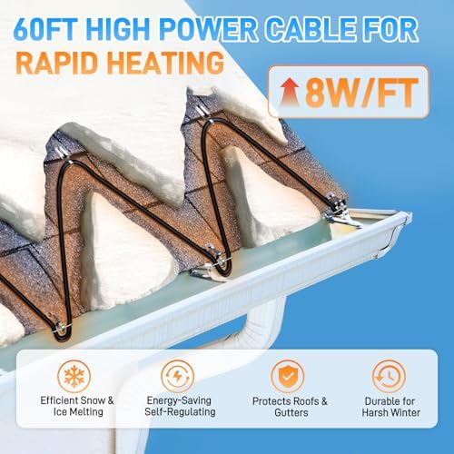 60FT Roof & Gutter Heat Cable, 8W/FT Self Regulating Heat Tape, 120V