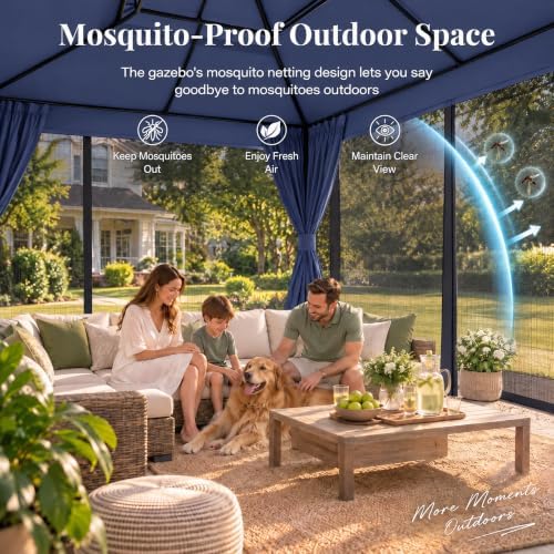 LAUSAINT HOME 10x13 Gazebo with Lights, Netting, Curtains & Double Roof