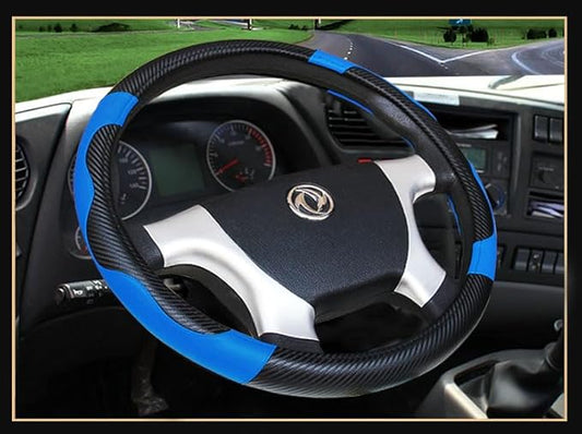 16 Inch Steering Wheel Cover - Carbon Fiber Pattern & Faux Leather, Anti-Slip Grip, Breathable Comfort for Long-Haul Drivers - Black Blue