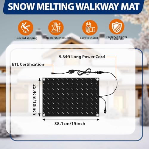 Riakrum 6 Pcs Heated Snow Melting Mats Outdoor, 10 x 15 in Winter Anti-Slip Heated Rubber Mat for Walkways Decks and Sidewalks, Electric Snow and Ice Melting Pads Connection with 9.84 ft Power Cord